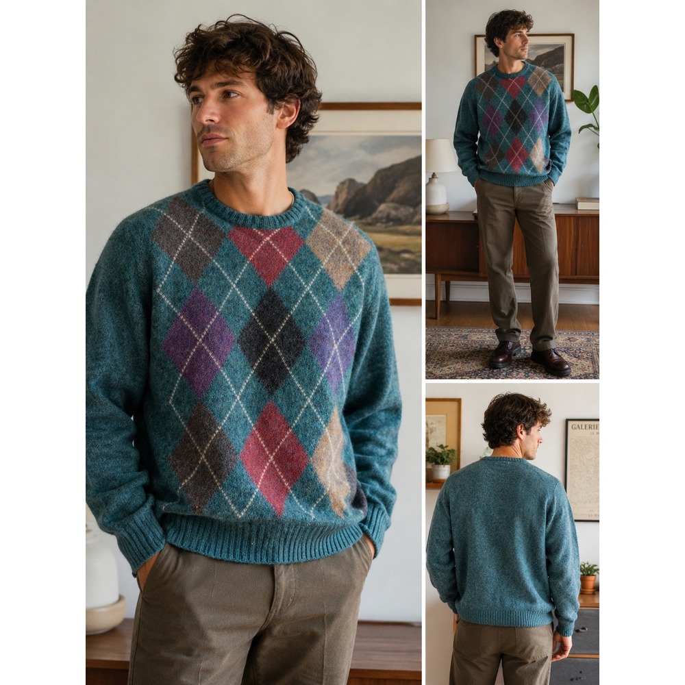 Men's‎ Vintage Lord Jeff The Moors Shetland Wool Argyle Sweater Large Ireland